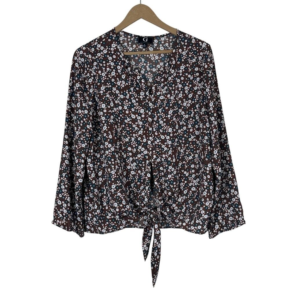 G by Giuliana Blouse Womens M Brown Floral Tie Front Boho Cottagecore Fall